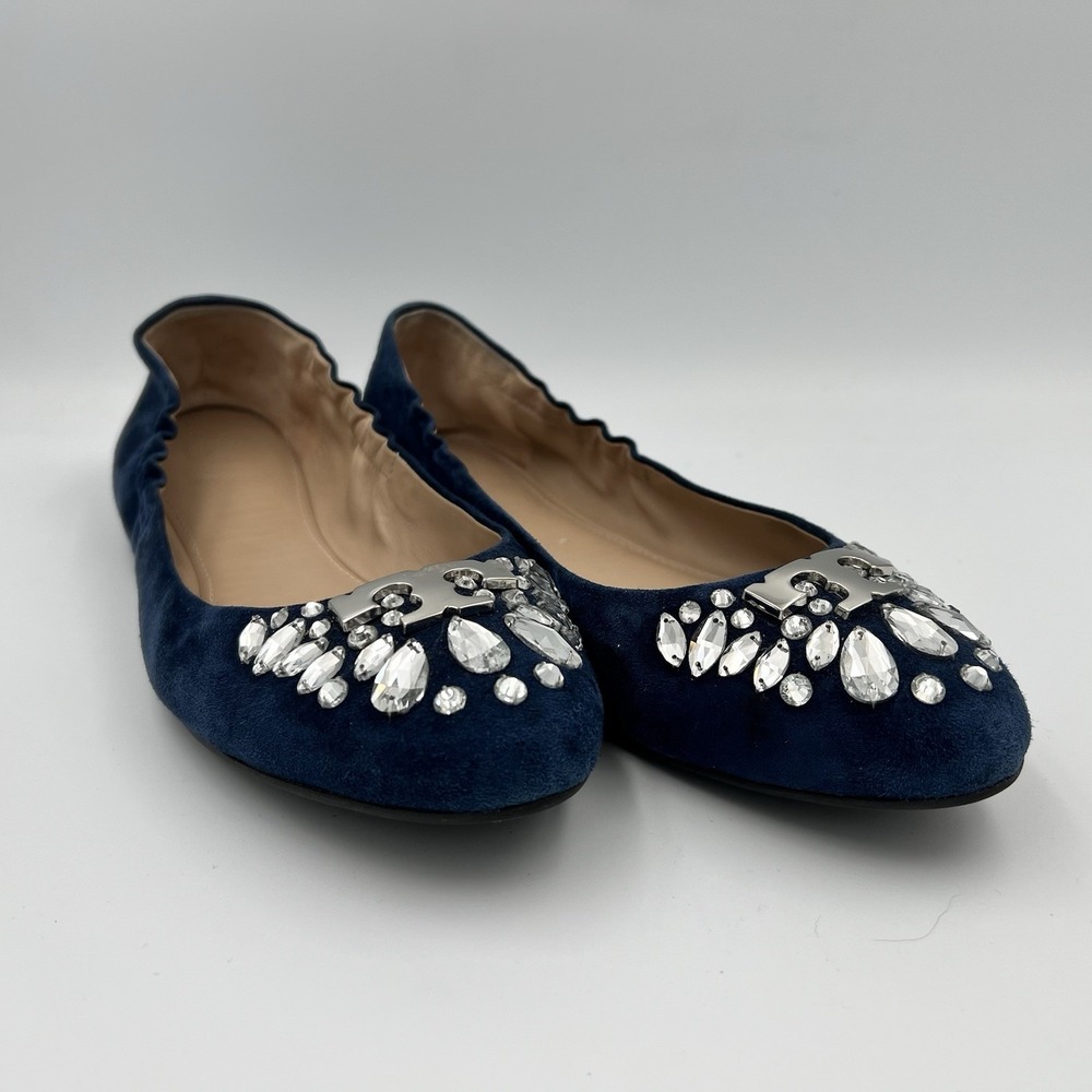 Tory Burch Royal Navy Delphine Velvet Leather Crystal Jewel Ballet Flats ‎ 7.5